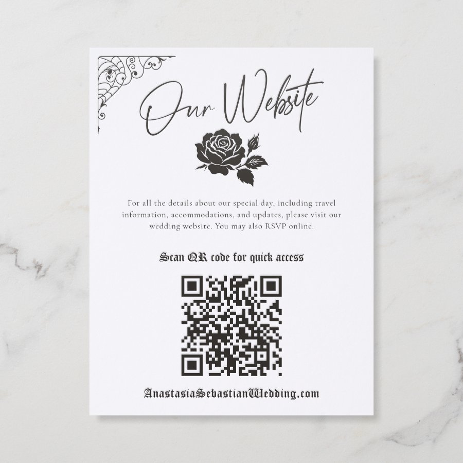 Elegant Dark Gothic Floral Rose Wedding Website QR Letterpress Enclosure Card