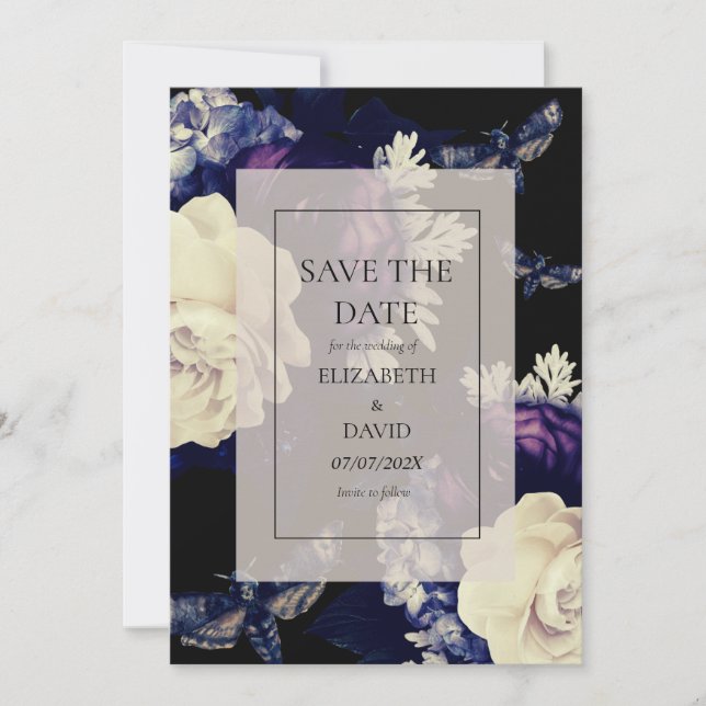 Elegant Dark Gothic Floral Wedding Save The Date (Front)