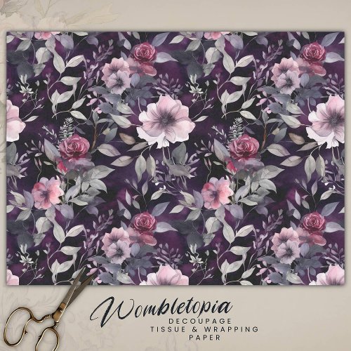 Elegant Dark Gothic Purple  Pink Roses Decoupage Tissue Paper