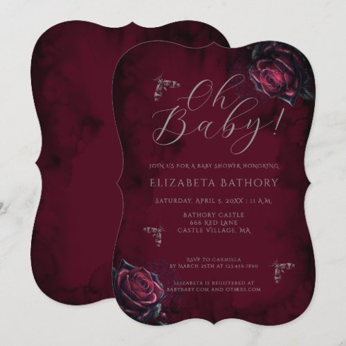 Elegant Dark Gothic Rose Moth Baby Shower Invitation