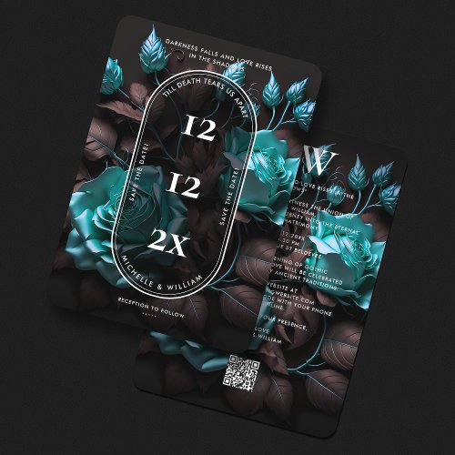 Elegant Dark Gothic Wedding Blue Roses Modern Save The Date