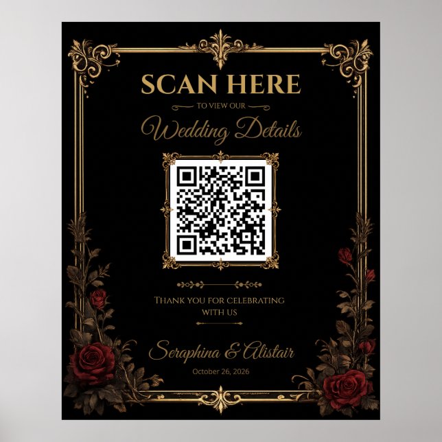 Elegant Dark Gothic Wedding QR Code Sign (Front)