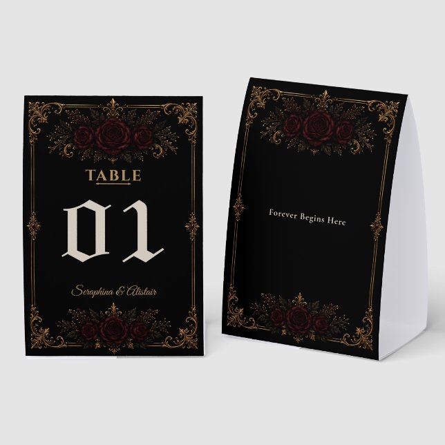 Elegant Dark Gothic Wedding Table Number Paper Table Tent (Front/Back)