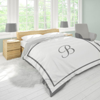 Elegant Dark Gray Border Script Monogram King Duvet Cover
