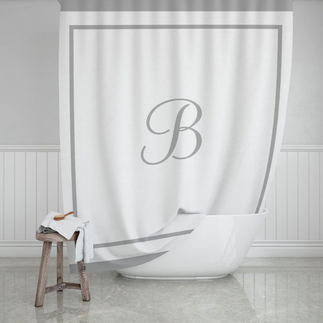 Elegant Dark Gray Border Script Monogram Shower Curtain (Creator Uploaded)