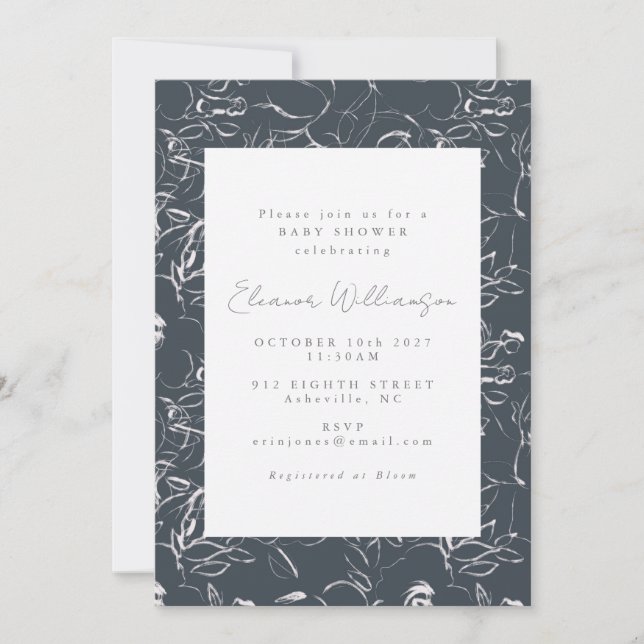Elegant Dark Gray Botanical Flowers Baby Shower Invitation (Front)
