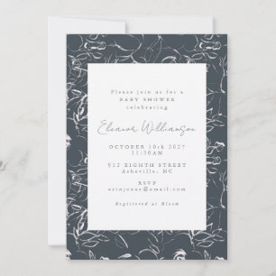 Elegant Dark Gray Botanical Flowers Baby Shower Invitation
