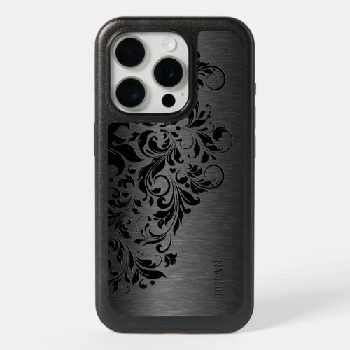Elegant Dark Gray Brushed Aluminum  Black Mandala iPhone 15 Pro Case