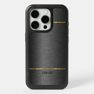 Elegant Dark Gray Brushed Aluminum Gold Accents iPhone 15 Pro Case