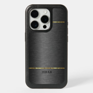 Elegant Dark Gray Brushed Aluminum Gold Accents iPhone 15 Pro Case