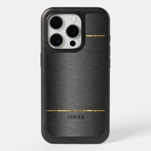 Elegant Dark Gray Brushed Aluminum Gold Accents iPhone 15 Pro Case
