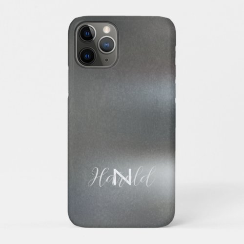 Elegant Dark Gray Brushed Metal Monogram Name iPhone 11 Pro Case