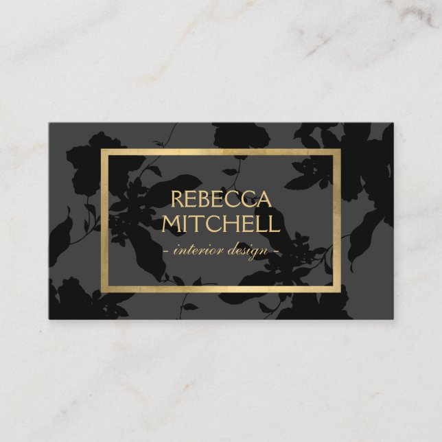 Elegant Dark Gray Floral Pattern with Gold Accents Business Card (Front)