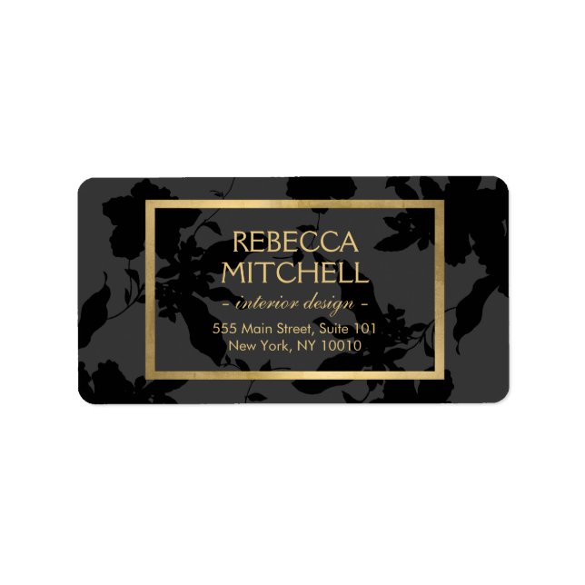 Elegant Dark Gray Floral Pattern with Gold Accents Label (Front)