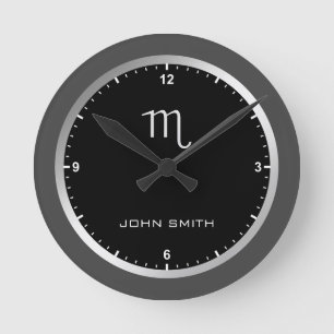 Elegant Dark Gray Frame Zodiac Sign Name Custom Round Clock