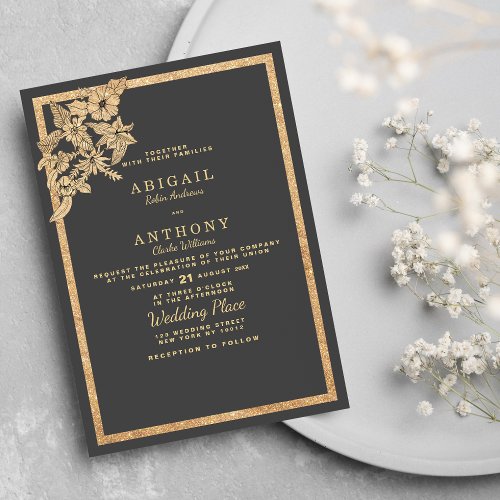 Elegant dark gray gold glitter floral Wedding Invitation