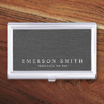 Elegant dark gray linen texture personalized name business card case<br><div class="desc">Elegant business card holder featuring your name and title on a printed dark gray linen fabric background</div>