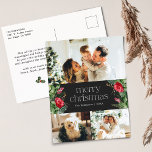 Elegant Dark Gray Merry Christmas 3 Photo Holiday Postcard<br><div class="desc">This collection features watercolor red florals,  berries & winter greenery with modern & elegant typography,  with a winter botanical pattern back.</div>
