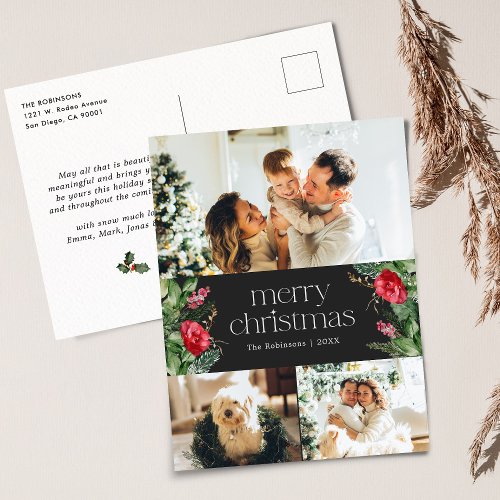 Elegant Dark Gray Merry Christmas 3 Photo Holiday Postcard