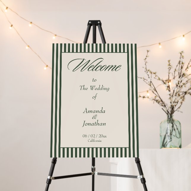 Elegant Dark Green and Cream Stripes Welcome Sign (In Situ (Stand))