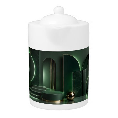 Elegant Dark Green and Gold Abstract Geometric Art Teapot