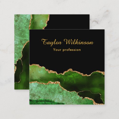 Elegant Dark Green and Gold Agate Square Business Card