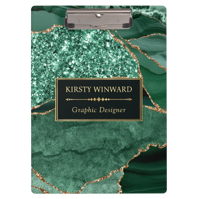 Elegant Dark Green and Gold Glitter Ocean Agate Clipboard (Front)