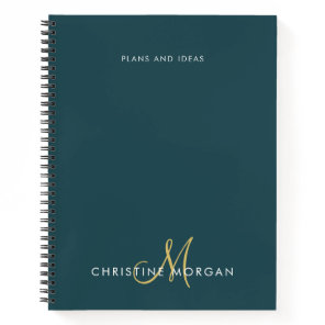 Elegant dark green and gold name monogram initial notebook