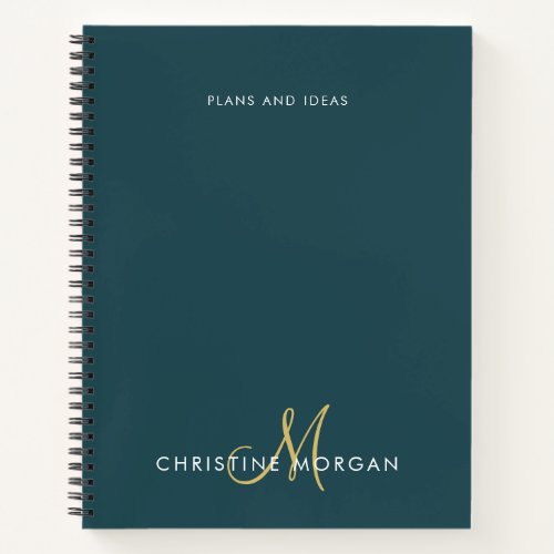 Elegant dark green and gold name monogram initial notebook