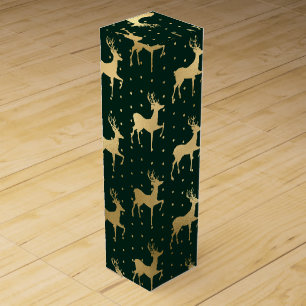 Elegant Dark Green and Gold Reindeer Christmas Wine Box