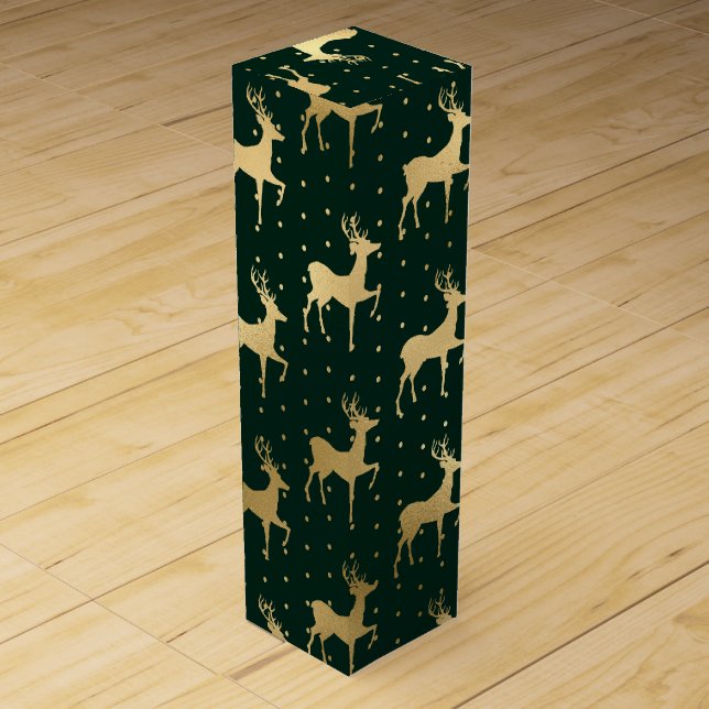 Elegant Dark Green and Gold Reindeer Christmas Wine Box (Front)