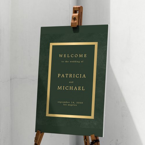 Elegant dark green and gold wedding welcome sign