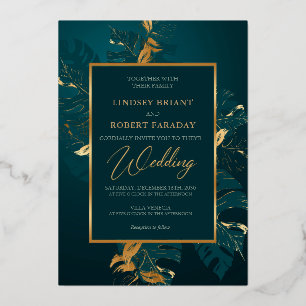 Elegant dark green and real gold foil wedding invitation