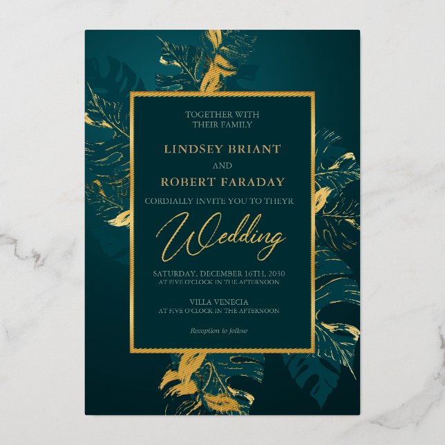 Elegant dark green and real gold foil wedding invitation (Front)
