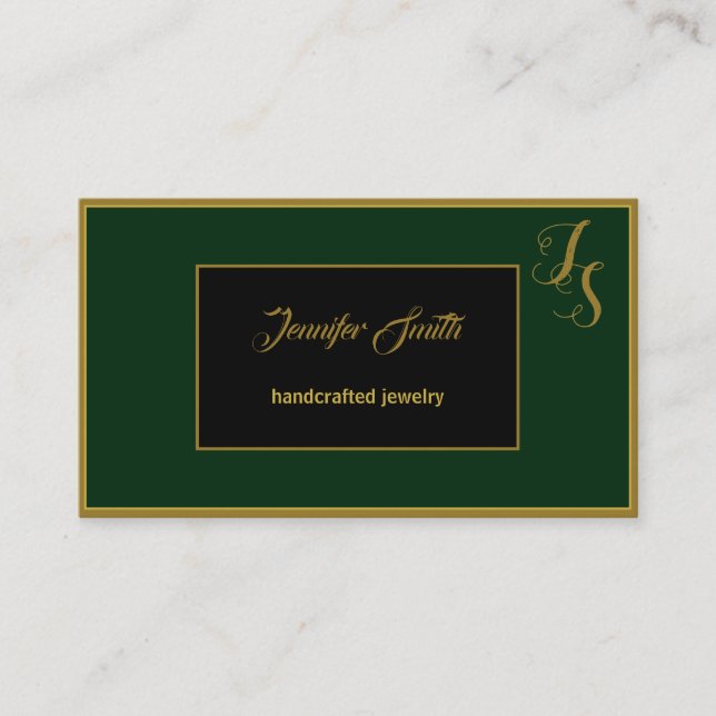 Elegant Dark Green Black Custom Monogram and Logo Business Card (Front)