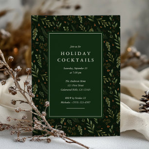 Elegant Dark Green Botanical Holiday Cocktails Invitation