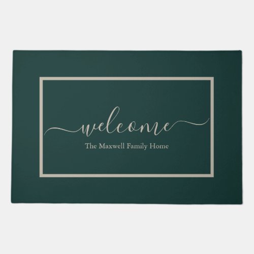 Elegant dark green calligraphy family name doormat