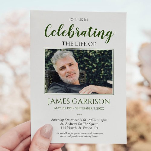 Elegant Dark Green Celebration of Life Photo Invitation