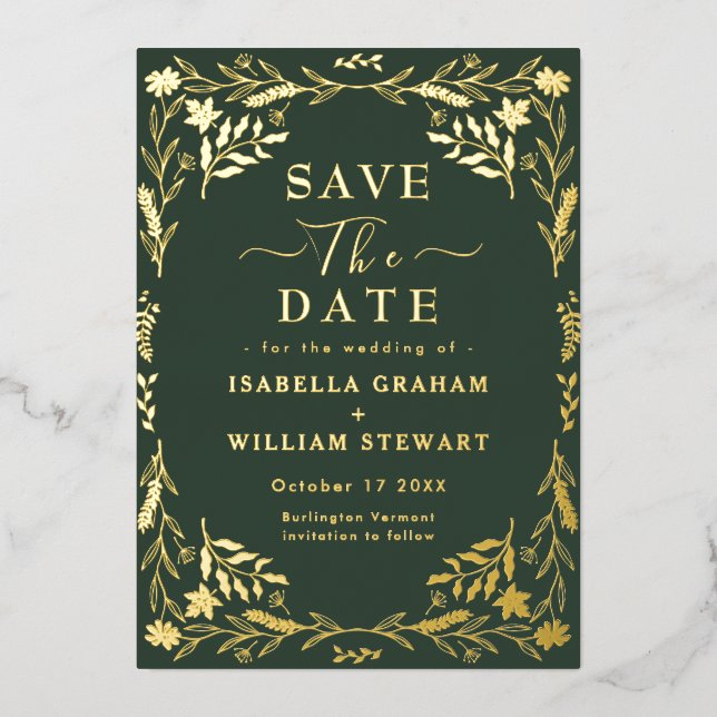 Elegant Dark Green Chic Boho Save The Date Foil Invitation (Front)