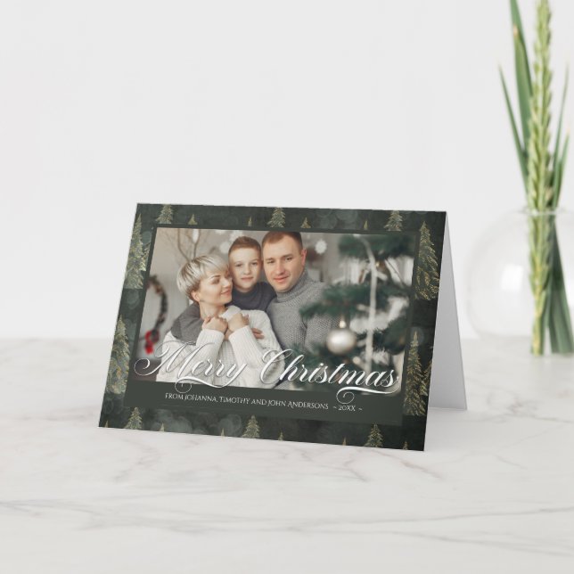 Elegant Dark Green Christmas Tree Add Your Photo Holiday Card (Front)