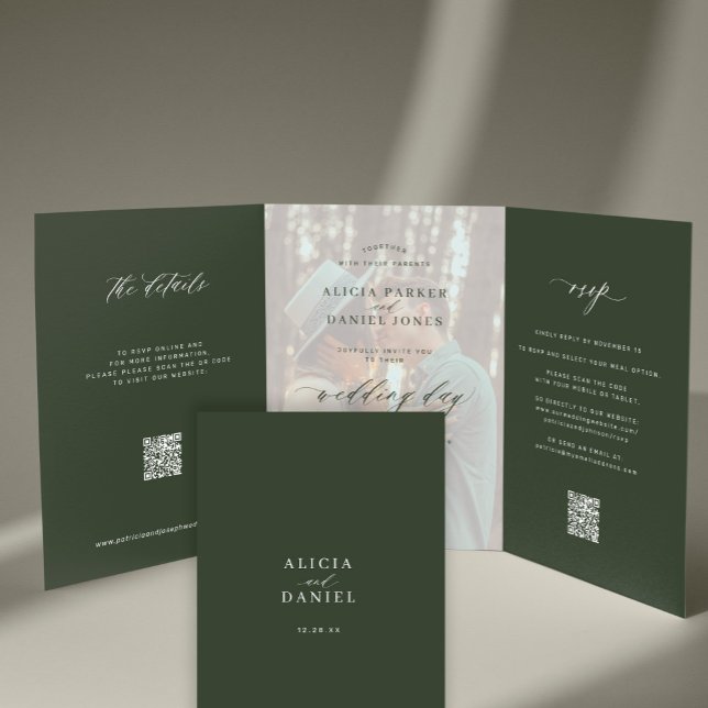 Elegant dark green classic photo wedding RSVP QR Tri-Fold Invitation (Creator Uploaded)