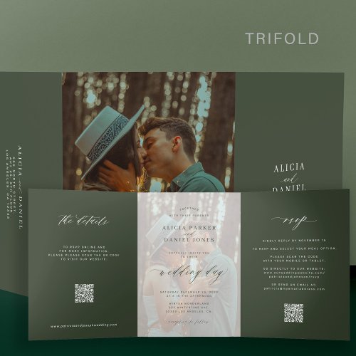 Elegant dark green classic photo wedding RSVP QR Tri_Fold Invitation