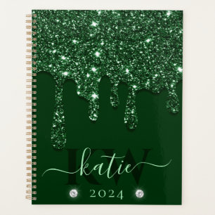 Elegant Dark Green Dripping Glitter Monogram Planner