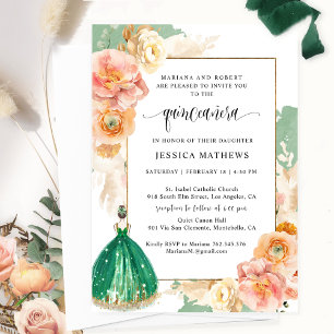 Elegant Dark Green Floral Princess Quinceañera Invitation