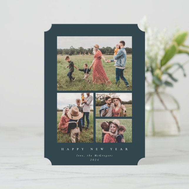 Elegant Dark Green Frame 4 Photo Happy New Year Holiday Card (Standing Front)