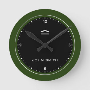 Elegant Dark Green Frame Zodiac Sign Name Custom   Round Clock