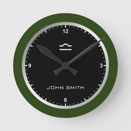 Elegant Dark Green Frame Zodiac Sign Name Custom   Round Clock