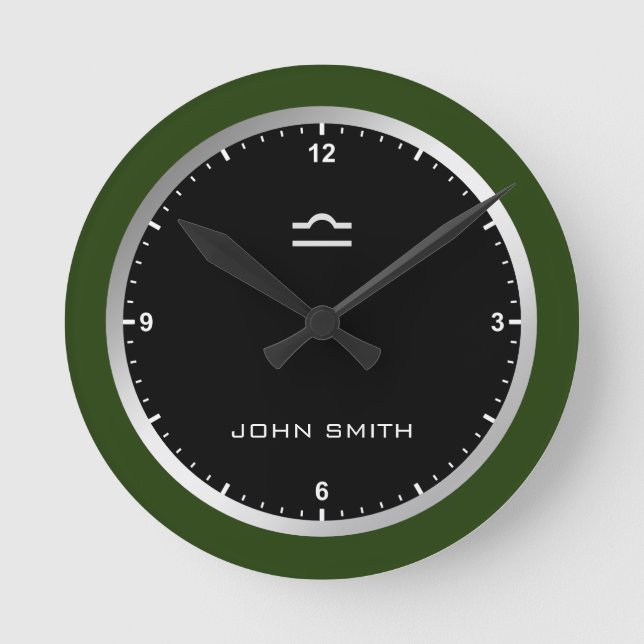 Elegant Dark Green Frame Zodiac Sign Name Custom   Round Clock (Front)