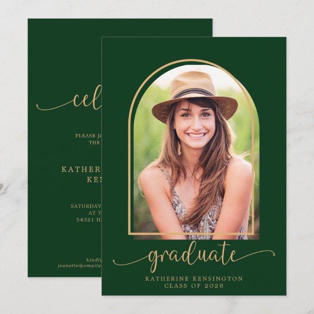 Elegant Dark Green Gold Arch Photo Graduation Invitation (Front/Back)