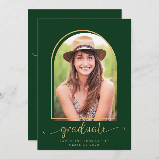 Elegant Dark Green Gold Arch Photo Graduation Invitation | Zazzle